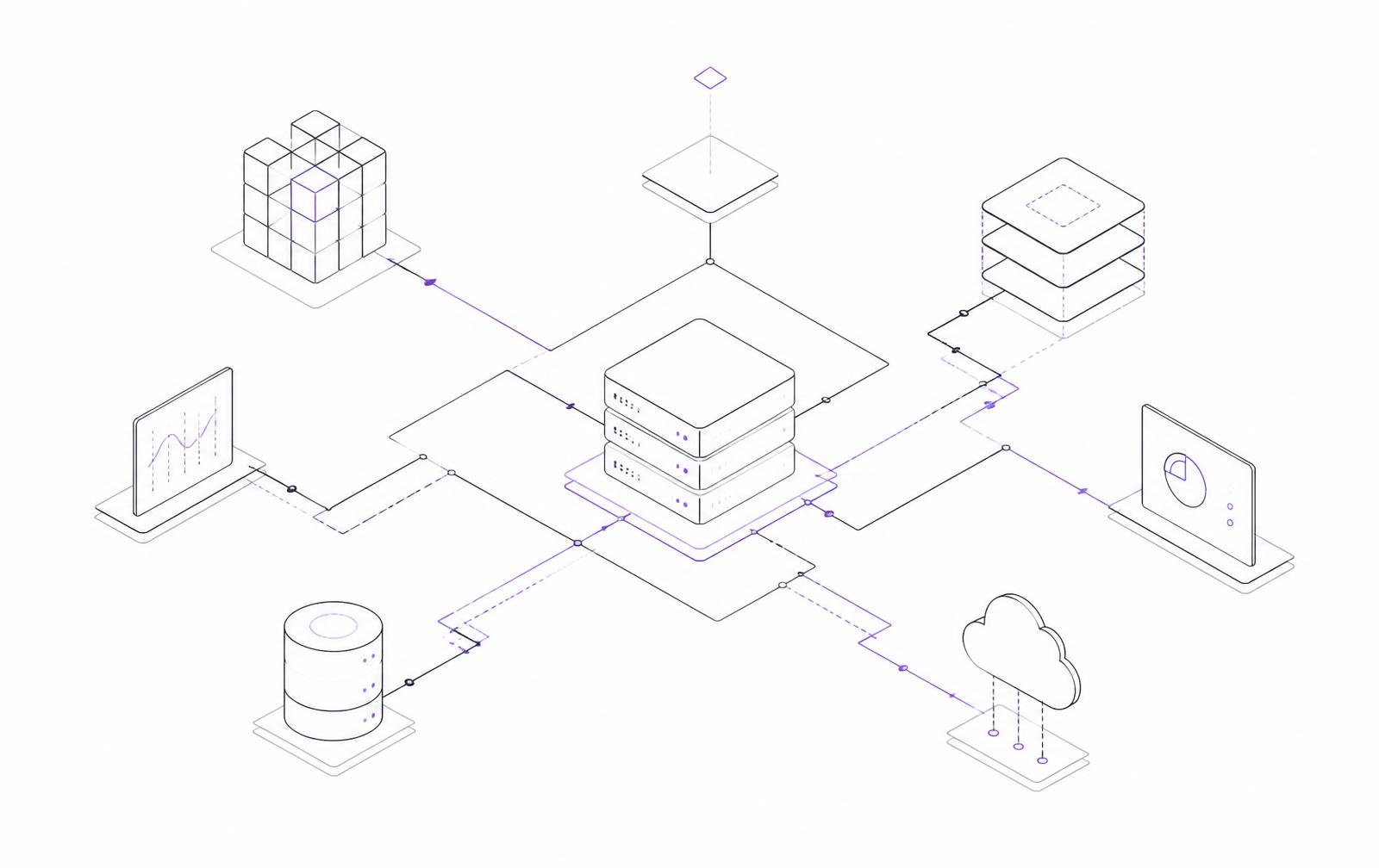 Line diagram of connected services, data stores and dashboards